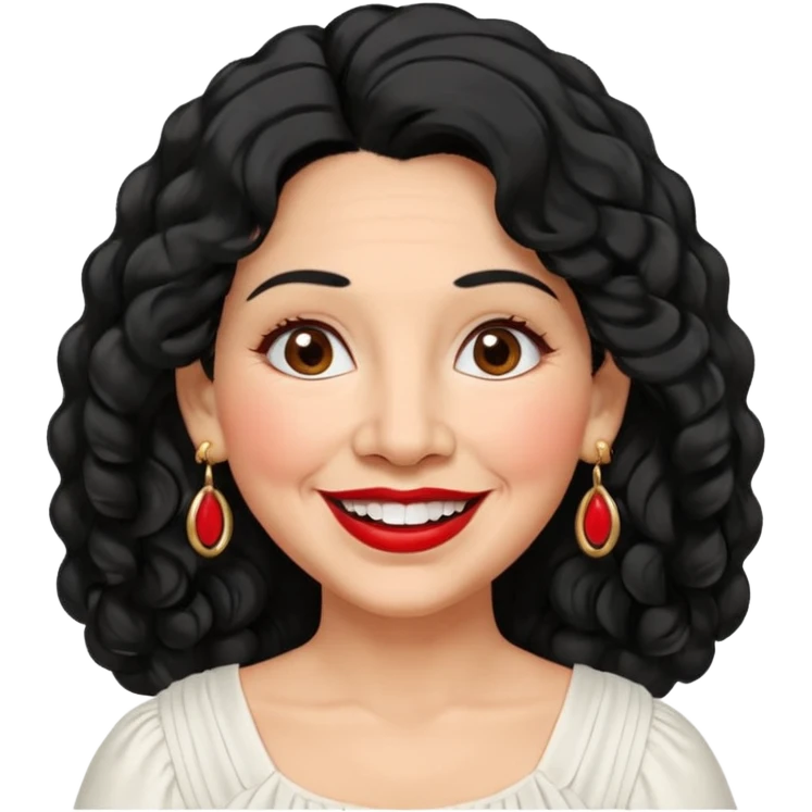 60 yr old Mexican woman, slightly chubby, wavy/curly long black hair, red lipstick, big smile, white teeth, brown eyes, hoop earings, side part to hair, round face, pretty white dress, hair side swept, big hoop earing emoji