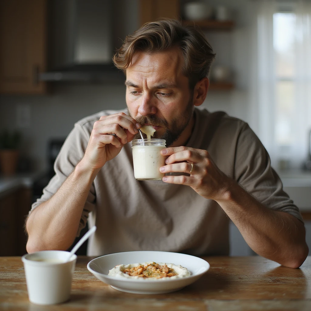 hyperrealistic 4K man isolated on white background having breakfast, eating yogurt, natural pose, realistic details, variant 6 emoji