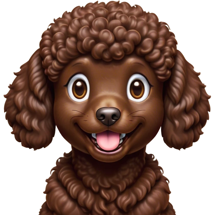 Cinematic Comical Chocolate Poodle Portrait Emoji, Head tilted dramatically with an exaggeratedly amused expression, featuring a glossy, curly chocolate Fur with a bouncy texture, wide, expressive brown eyes filled with playful disbelief, Simplified yet hilariously expressive features, highly detailed, glowing with a slightly sassy glow, high shine, dramatic yet playful, stylized with an air of cheeky mischief, bright and endearing, soft glowing outline, capturing the essence of a spirited and over-the-top companion, so meme-worthy it feels like it could side-eye its way into internet fame instantly! emoji