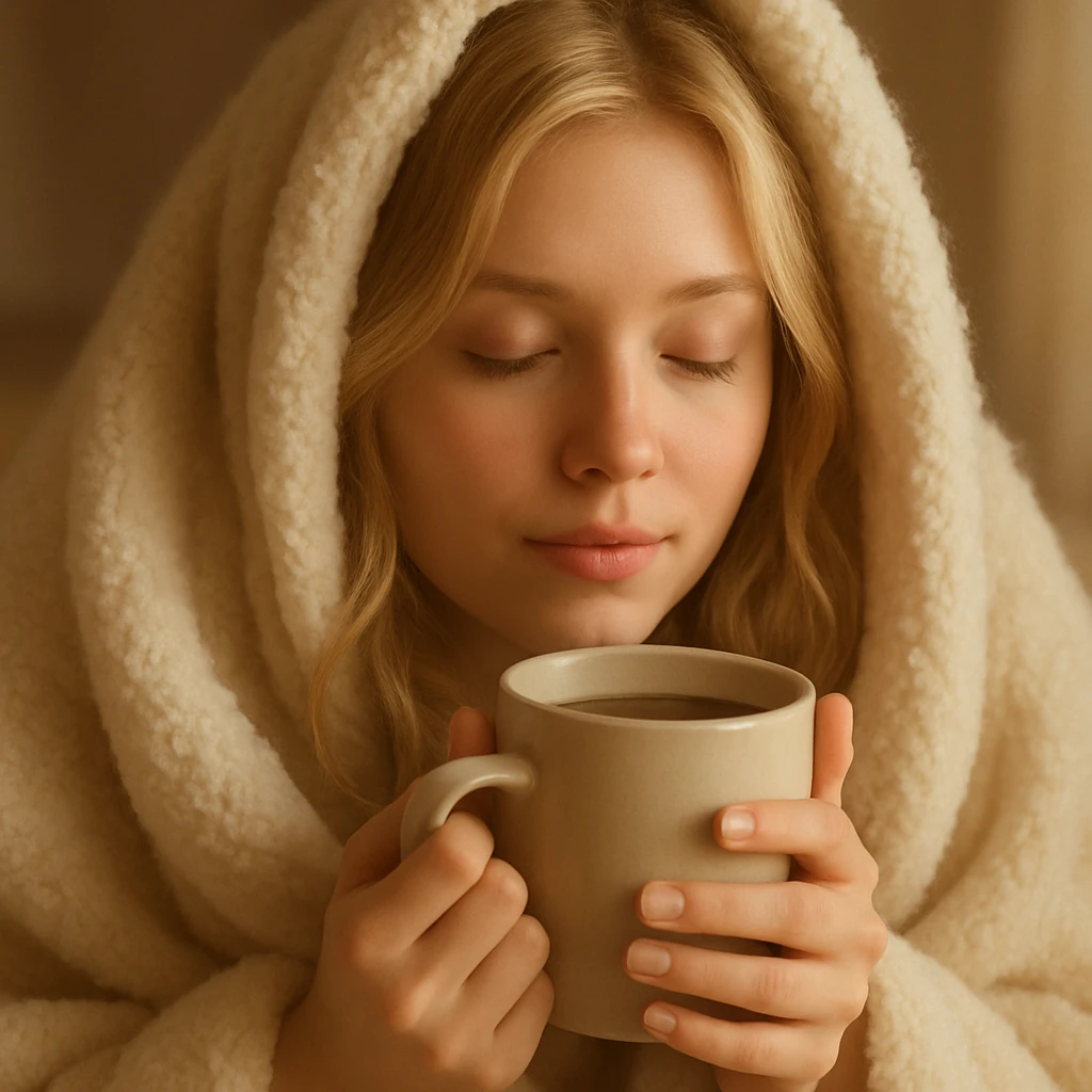 blonde girl inside a blanket sipping coffee, eyes closed, soft and cozy style, warm and serene atmosphere emoji