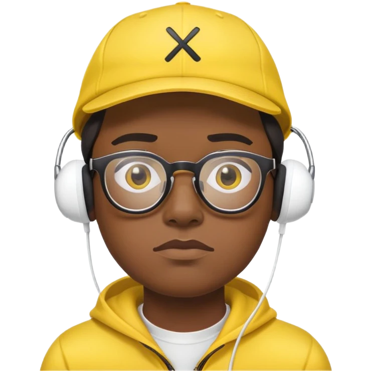 "- Nam
- 30 tuổi
- Da đen
- Đội mũ lưỡi trai vàng
- Đeo kính, airpod
- Mặt buồn
" emoji