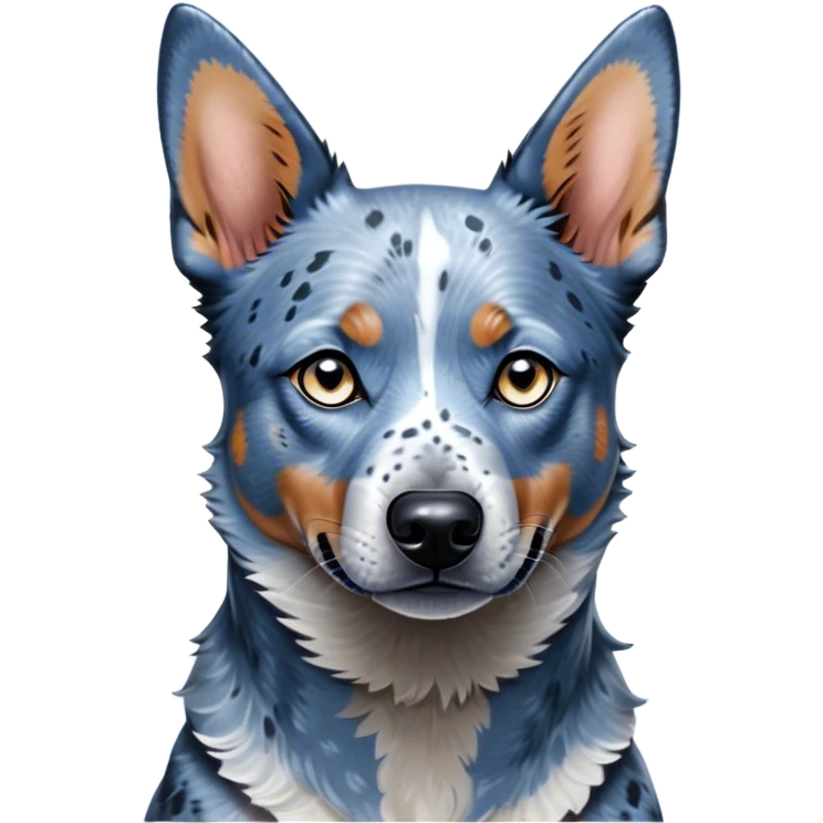 Cinematic Noble Blue Speckle Australian Cattle Dog Portrait Emoji, Poised and regal, with a robust, athletic build and a striking blue speckle Fur, piercing blue eyes, Simplified yet sharp and sophisticated features, highly detailed, glowing with a cool, dignified glow, high shine, intelligent and hardworking, stylized with an air of precision, focused and attentive, soft glowing outline, capturing the essence of a watchful and determined herder, so majestic it feels as though it could leap out of the screen with effortless authority! emoji