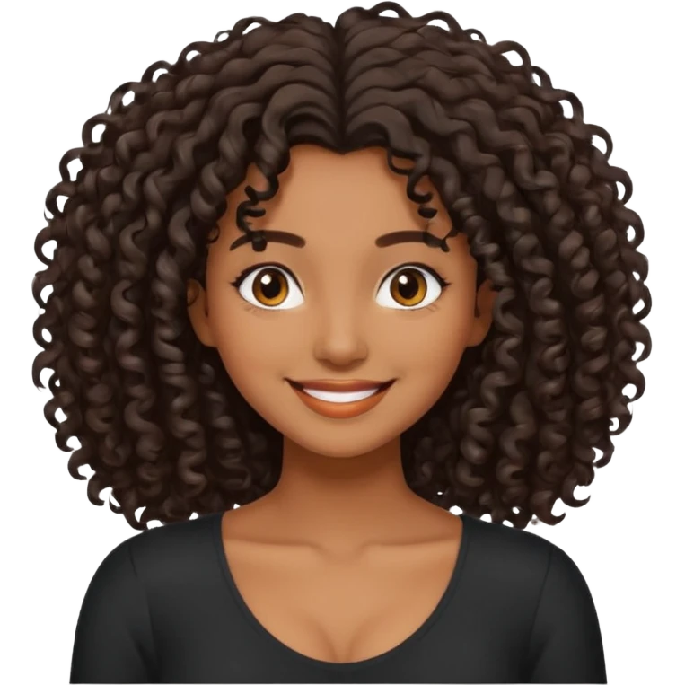 brown skinned lady with curly black hair, shoulder long hair, messy, nice curves emoji