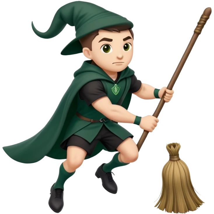A muscular strong Slytherin student in final year riding a broomstick emoji