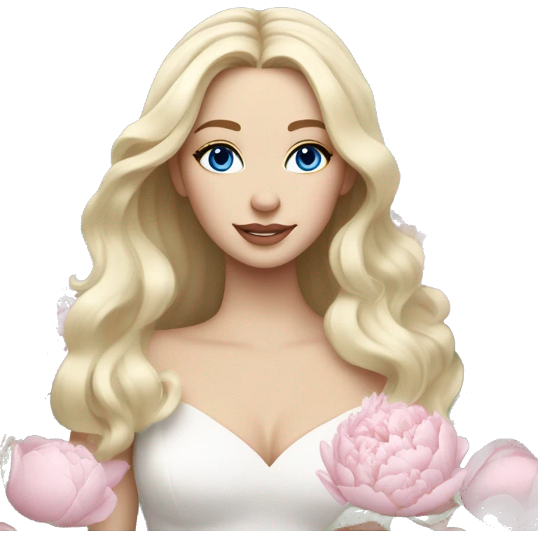 White bride with long light blonde hair and blue eyes with light pink peonies in hair white skin  emoji