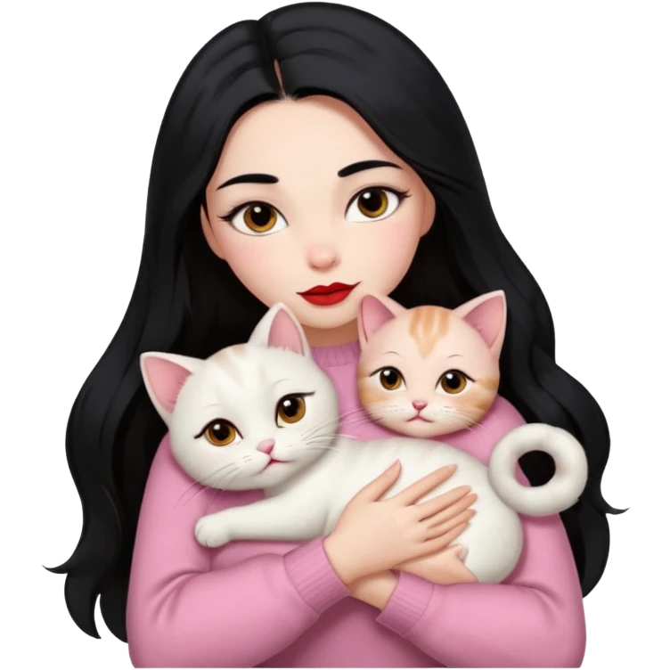 Beautiful Girl Long Hair black, Brows Big , Skin White, Sweater Pale Pink , Big Red Lips, Eyes marron , Hug Little baby Persa Cream Cat With Cute Eyes emoji
