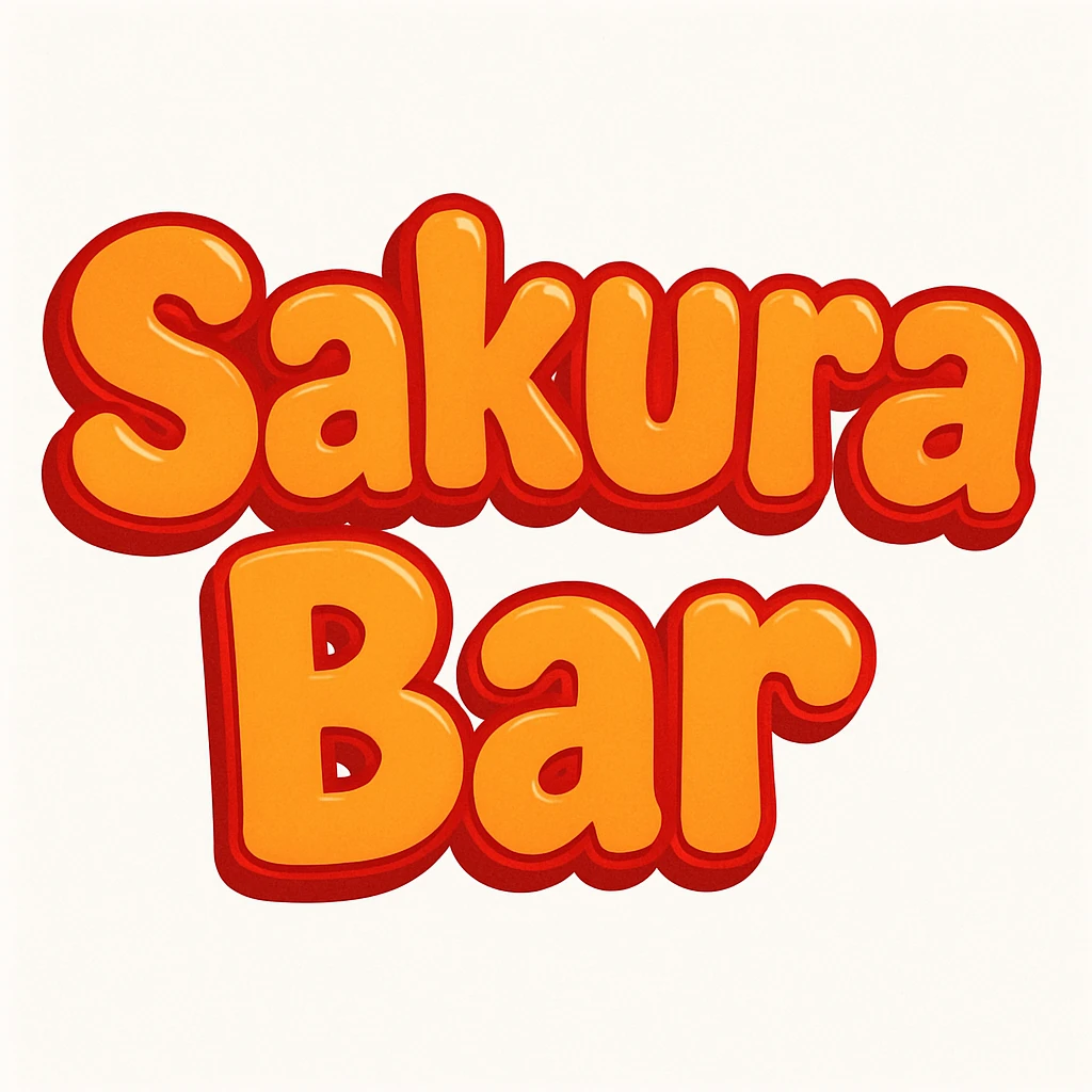 bubble letters in orange and red that say 'Sakura Bar', thick, soft, and cheerful, with a slight 3D effect emoji