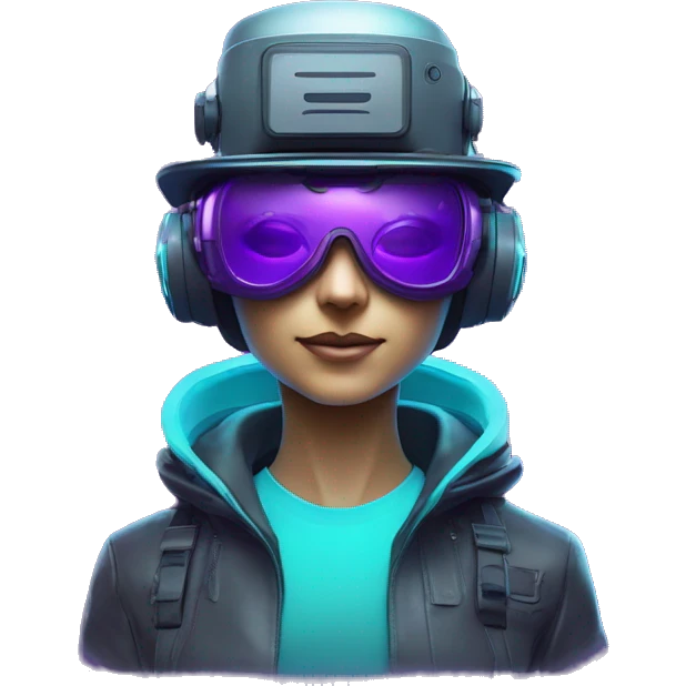 Secret humanoid agent in a futuristic hat with in Apple VR goggles headset code display on the goggles , cyberpunk, cyan and purple colors, only upper body portrait, front facing the camera  emoji