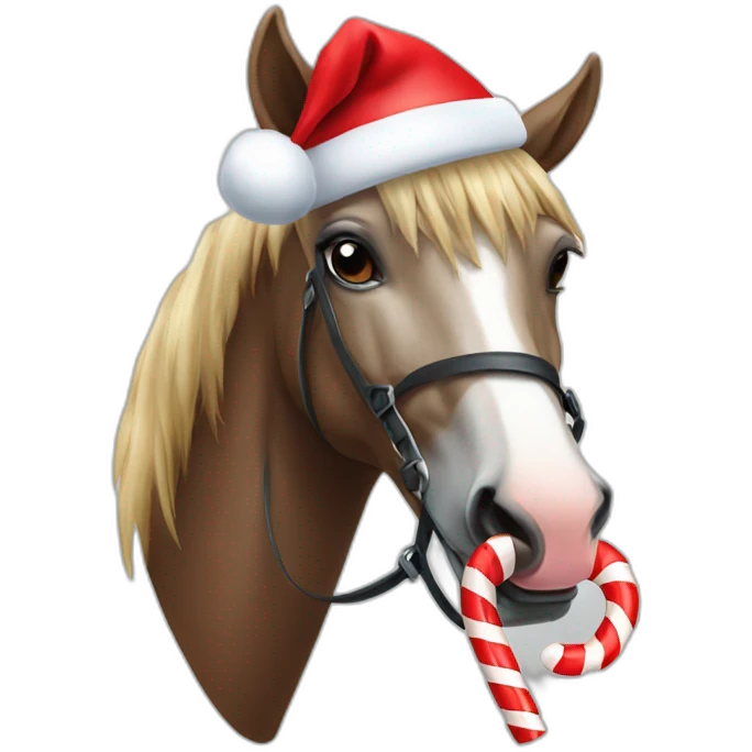 a horse with a Santa hat eating a candy cane emoji