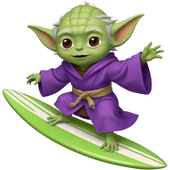 yoda in a purple robe flying in a rocket like surfing emoji