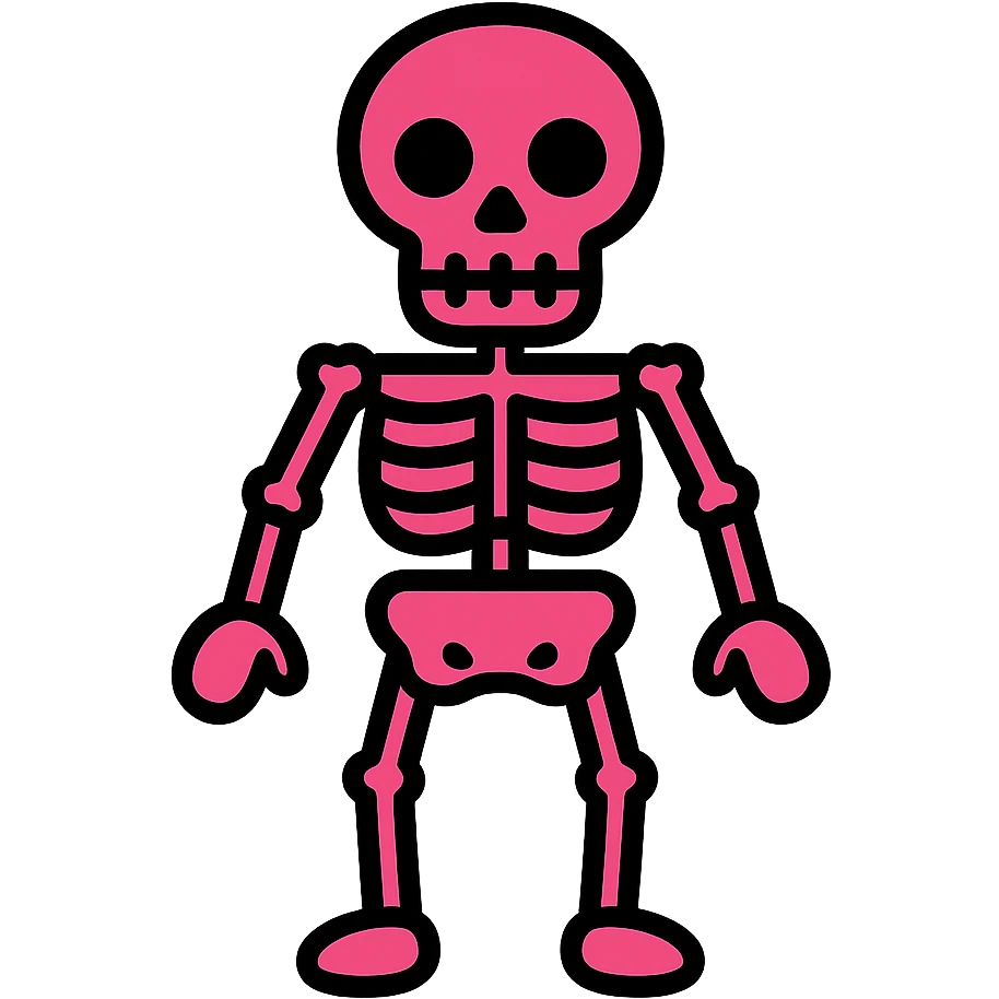 very simple line drawing of the body of a skeleton, 2D, fuchsia color, emoticon/symbol style emoji