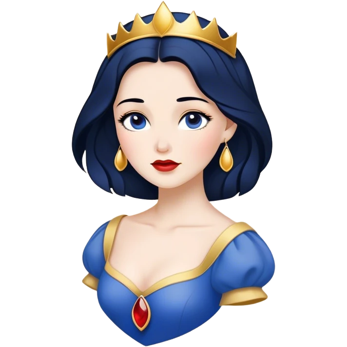 Cinematic Timeless Snow White Portrait Emoji, rendered in a clean, vector style. Depict Snow White with flawless porcelain skin, elegantly styled raven hair, and a serene, graceful expression, dressed in her classic blue and gold ensemble. The design features bold, simplified shapes, a soft, enchanting glow, and a subtle glowing outline, epitomizing pure, timeless beauty. emoji