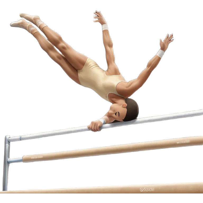 Professional gymnast performing a dynamic routine on parallel bars, captured mid-air in an elegant flip. The background features a well-lit gymnastics arena with a cheering audience. The athlete's posture and expression convey strength, control, and perfect coordination. emoji