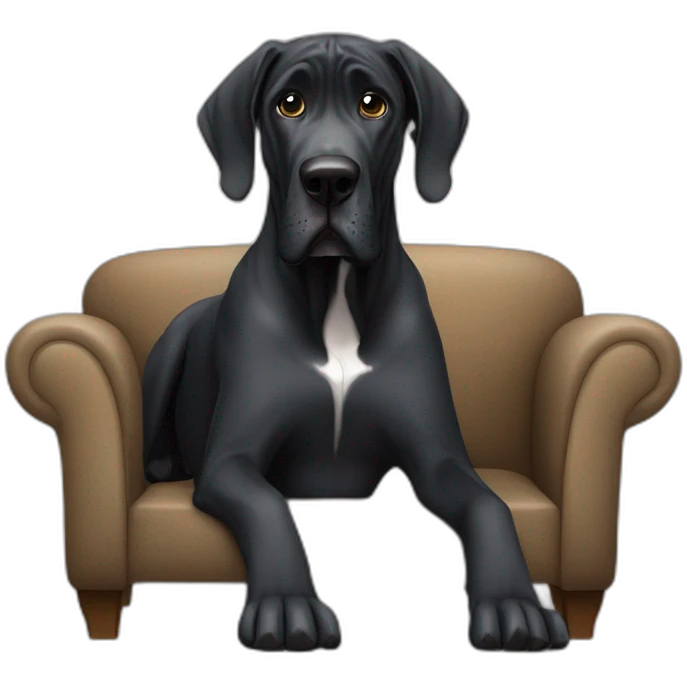 Old black great dane dog with uncut ears sitting in a couch emoji
