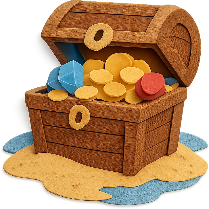 illustration of a treasure chest overflowing with gold coins and jewels on a sandy beach, paper-craft style emoji