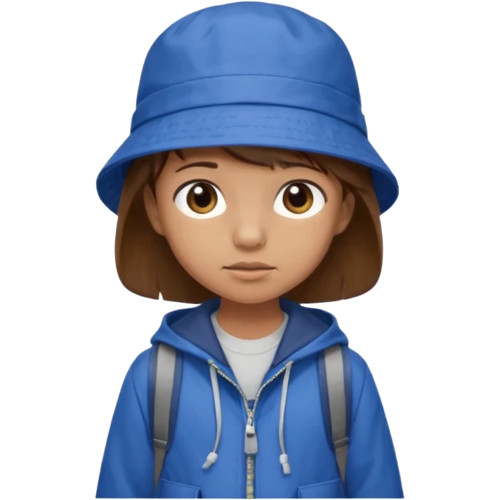 Little student, brown hair, wears blue bucket hat and jacket, backpack, shy emoji