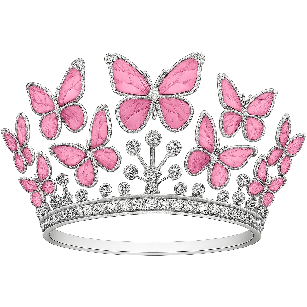 Change the base of the butterfly crown to white, keep the vibrant pink enamel butterflies and sparkling gems, with no background. The style should maintain the vibrant and sparkling look of the original images. emoji