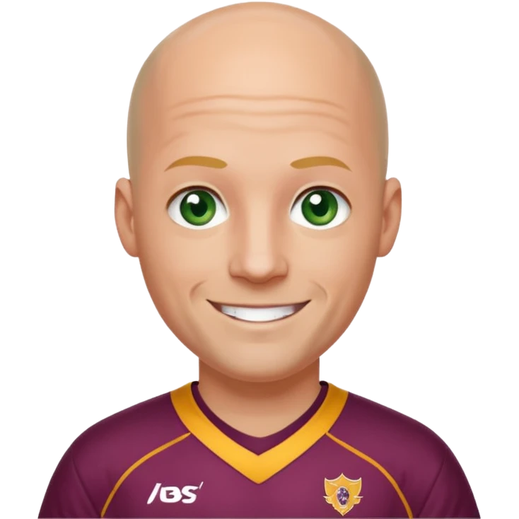 young-ish 50 year old man dressed in a brisbane broncos jersey, bald head, fair skin, happy face, blueish green eyes emoji