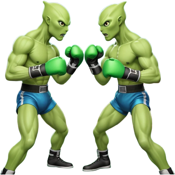 two aliens boxing in a fight stance, facing each other with raised gloves, dynamic action pose, intense expressions, sci-fi arena vibe, 3D cartoon style, mobile game icon style, clean background, no text, no watermark
 emoji