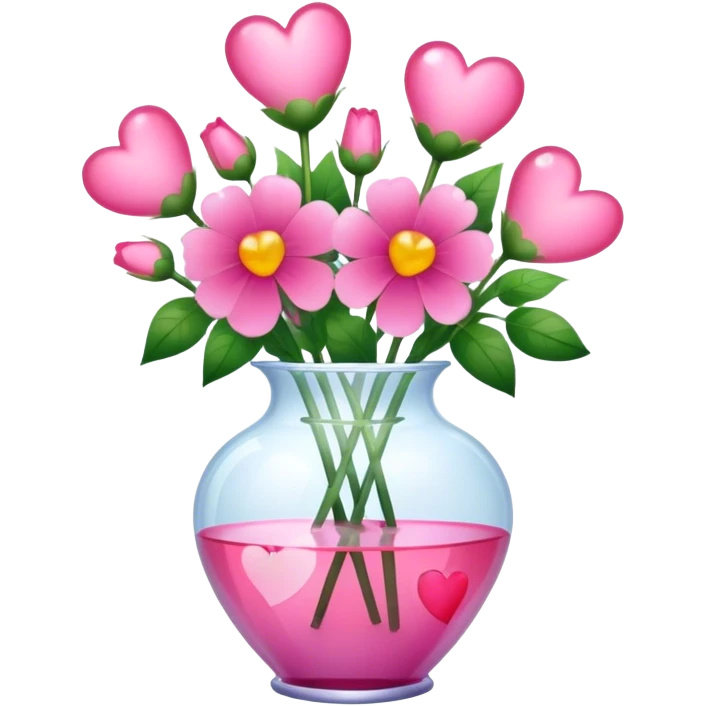 a transparent vase with flowers and the flowers should be in the shape of pink hearts, of which there should be 7 emoji
