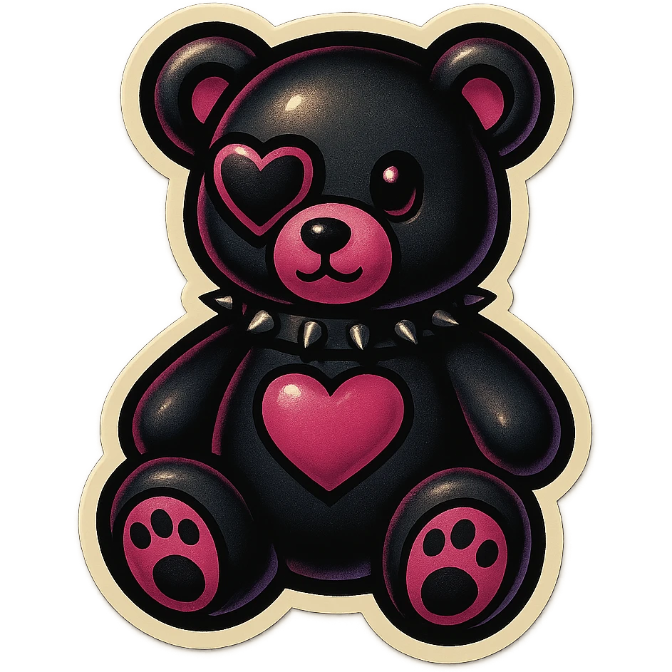 gothic teddy bear with black and pink color scheme, bear with heart-shaped eye patch, retro stickers style emoji