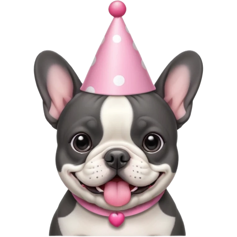 french bulldog with a birthday hat and black and white and grey coloring. please make it emoji style please. also please make the dog have a pink hat emoji