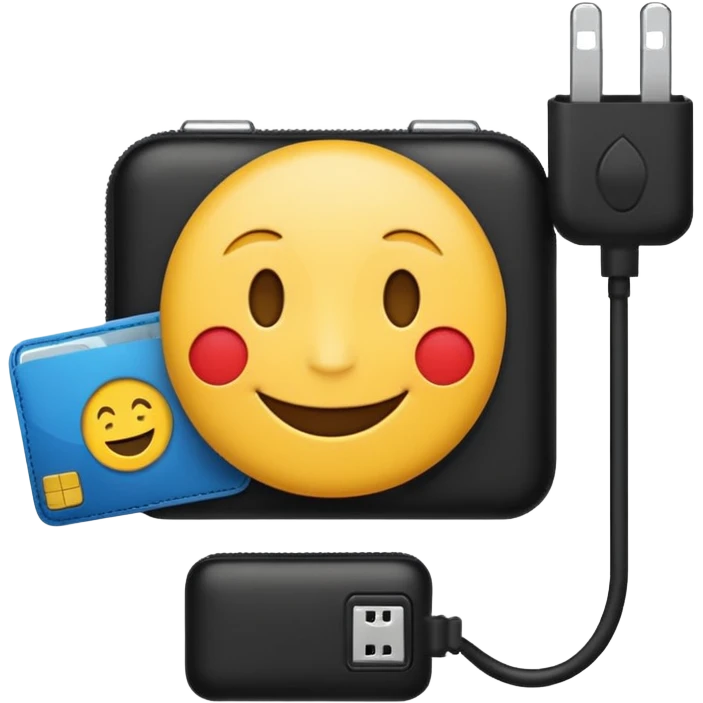 smiling face emoji with digital wallet and plug connecting to it representing connecting your wallet emoji