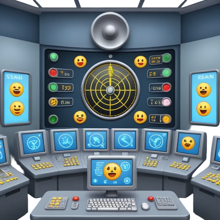 control room with radar screen showing emoji targets emoji