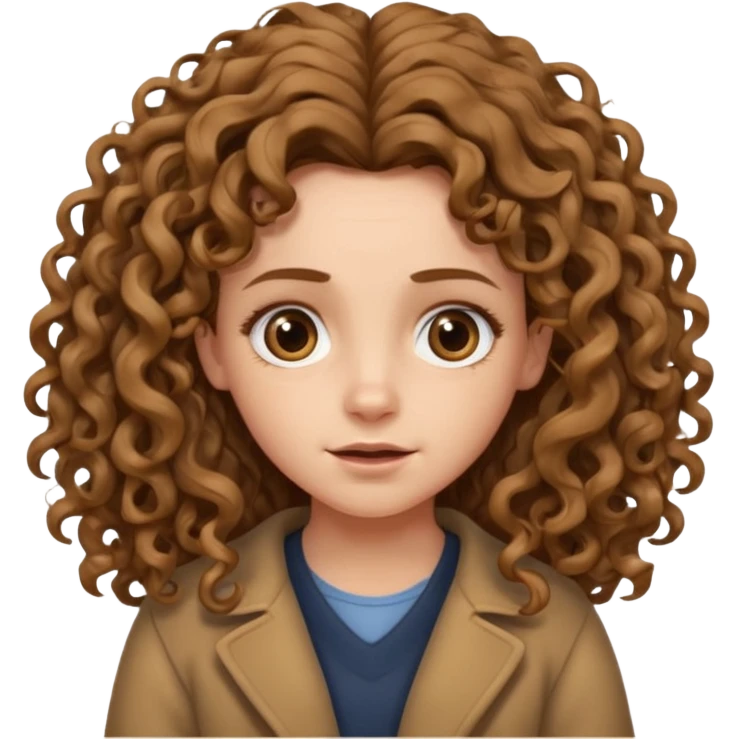 hermione shrugging, long light brown very curly voluminous hair, reaching below the shoulders, thick and full curls, messy natural texture, cartoon emoji style. emoji