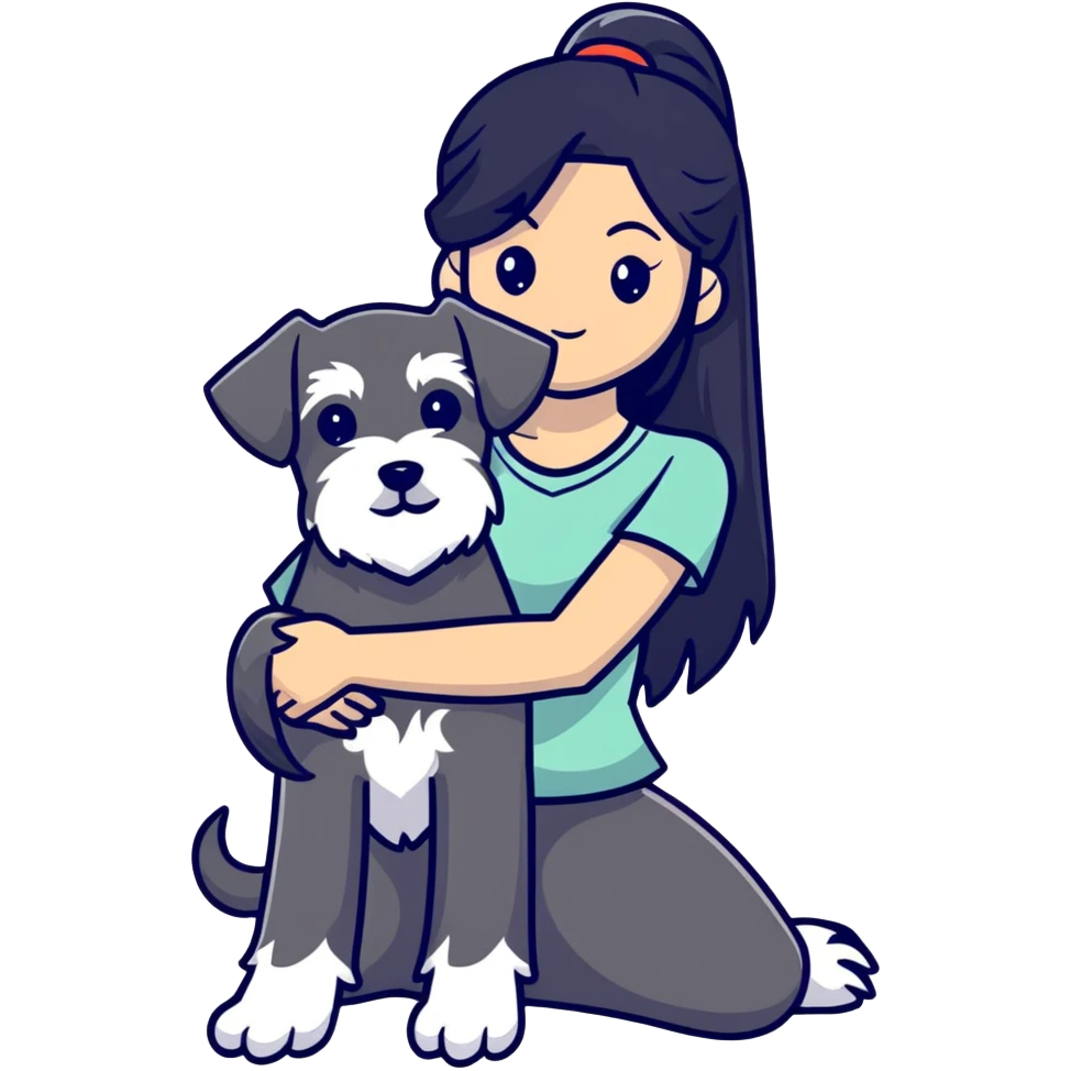 girl with long black hair holding a Schnauzer dog emoji