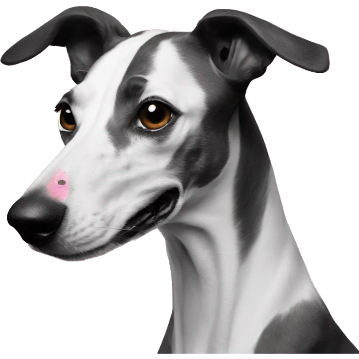 Dog galgo black and white and a pink noise emoji
