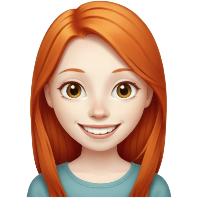 traditional emoji of young girl with very pale skin, long straight bright ginger red hair, elongated almond-shaped eyes, long nose, big smile with large prominent teeth showing, classic round face emoji