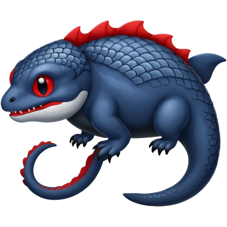 midnight blue-gray-black, with red markings, white belly, scaley Bastet-Noibat-Gatomon-Sharpedo-Garchomp-Digimon-Fakémon-Pokémon-creature (full body) emoji