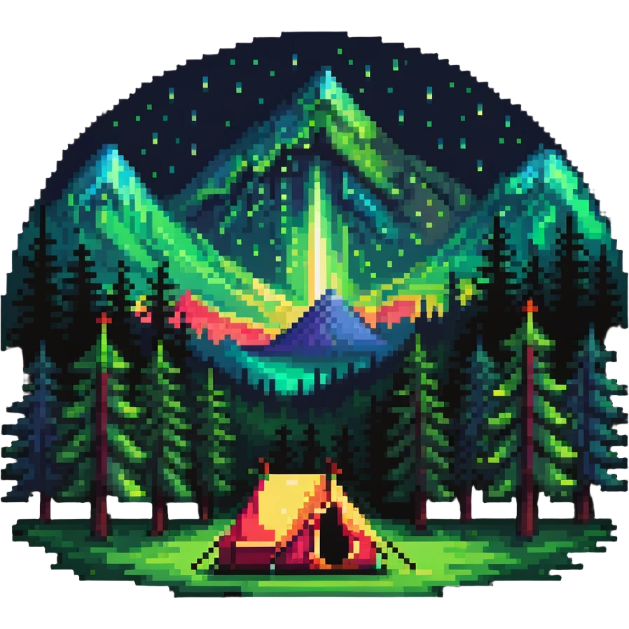 aurora borealis night sky over forest with tent emoji