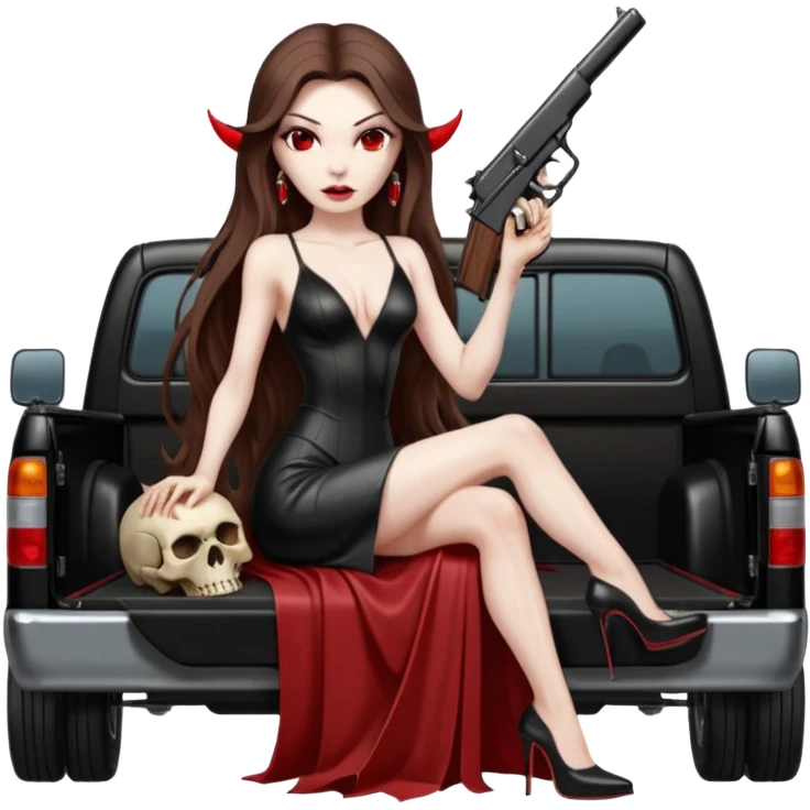 Lilith symbol red eye seductress evil long brown haired sexy succubus woman with leather long dress with slit on, sitting in Big Large F350 pickup truck. Platform long high heels on feet. Back seat full of stacks of cash, she is  Holding a man dead human skull of her enemies and a gun in other hand emoji