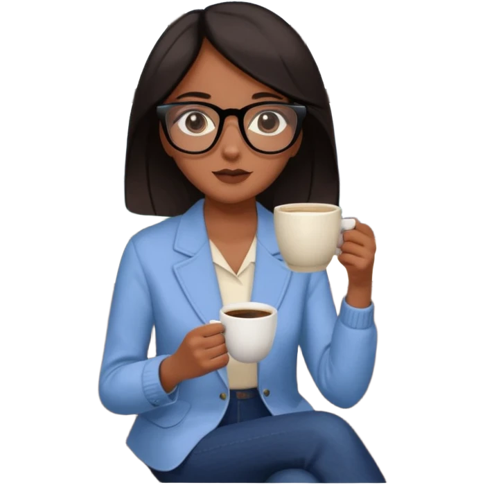 Chica de pelo negro ojos negros y piel morena con lentes oversize square GAFAS DE LEER BIEN GRANDES  , sentada en una sala de casa , en la mano derecha una taza de cafe con una flor negra de diseno. Sentada mirando un drama koreano en la television.  emoji