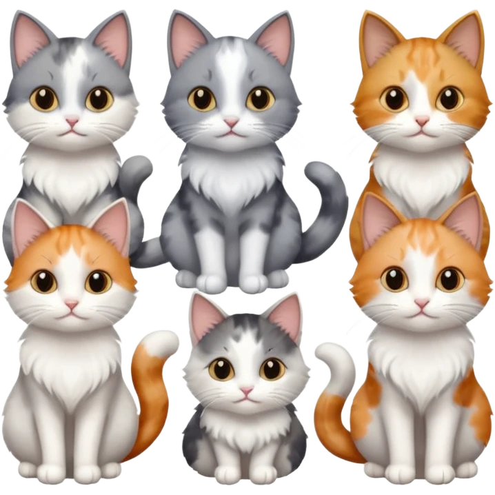 6 realistic looking cats with different natural coloured coats, assorted grey and white, greys, calico, brown and white colours etc
 emoji