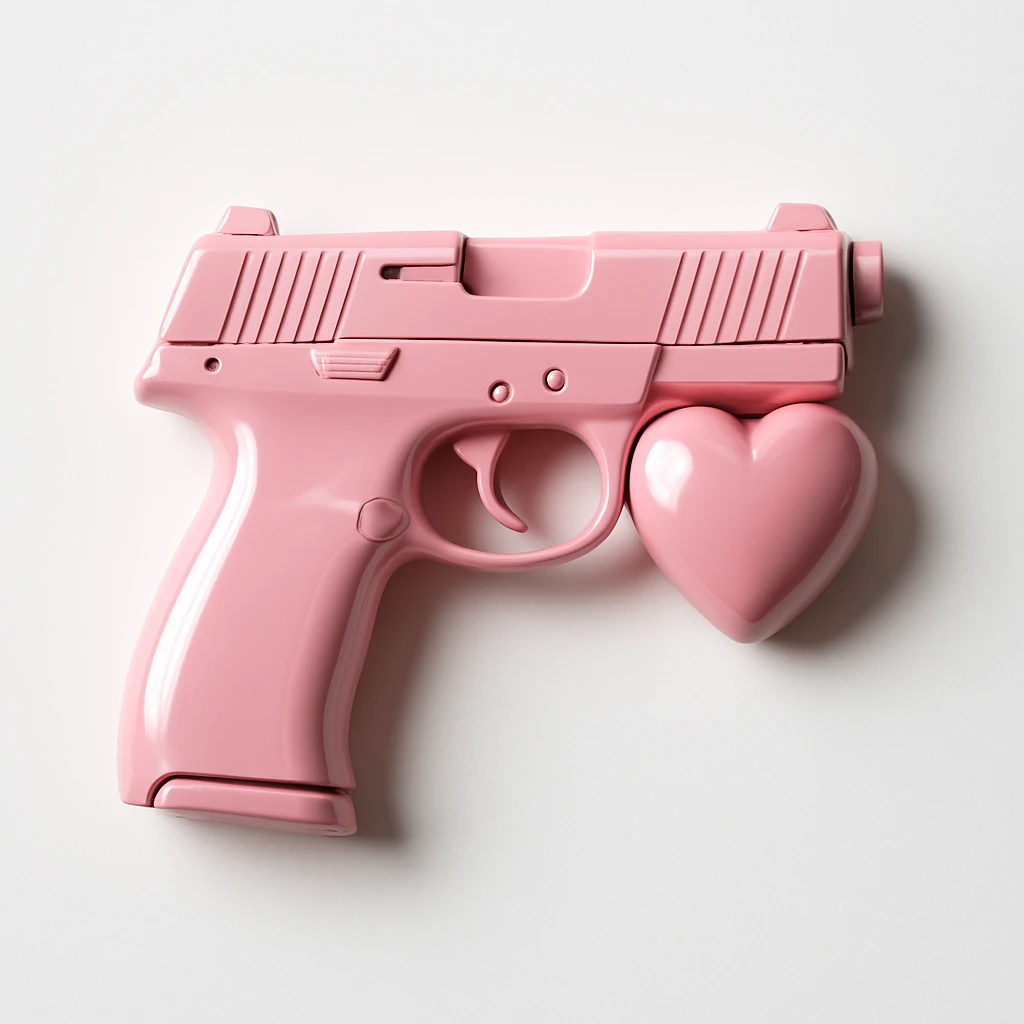 Refine the photorealistic pink heart pistol: increase the realism, add subtle metallic reflections, enhance the glossy finish, and improve the heart shape details, on a white background. Maintain photorealistic style with subtle metallic reflections and glossy finish. emoji