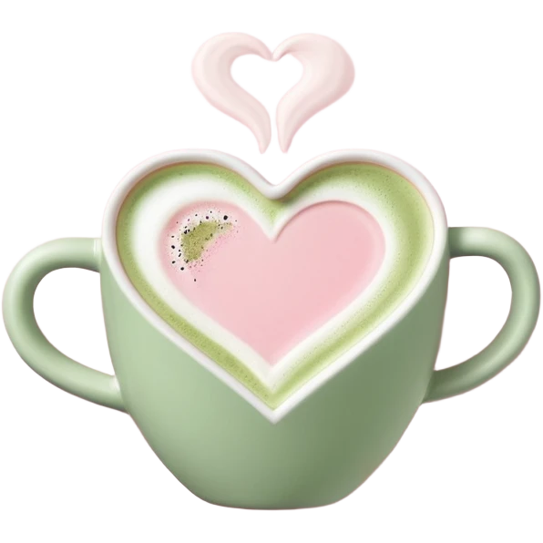 Emoji d’une tasse rose pastel avec anse, vue du dessus, matcha mousseux, latte art rose pastel en forme de cœur ou feuille, style minimaliste, sans yeux. emoji