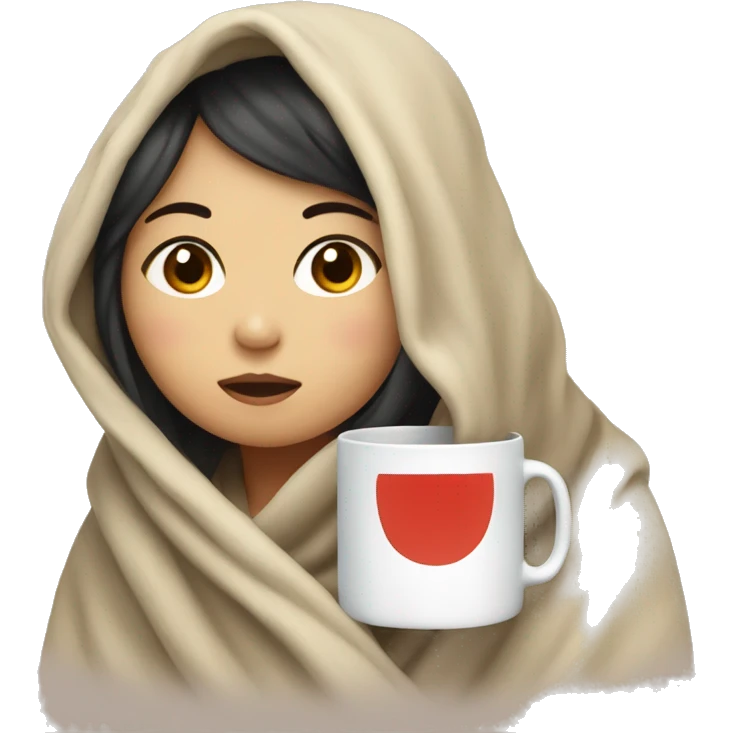 Asian girl bundled in blanket drinking out of a mug emoji