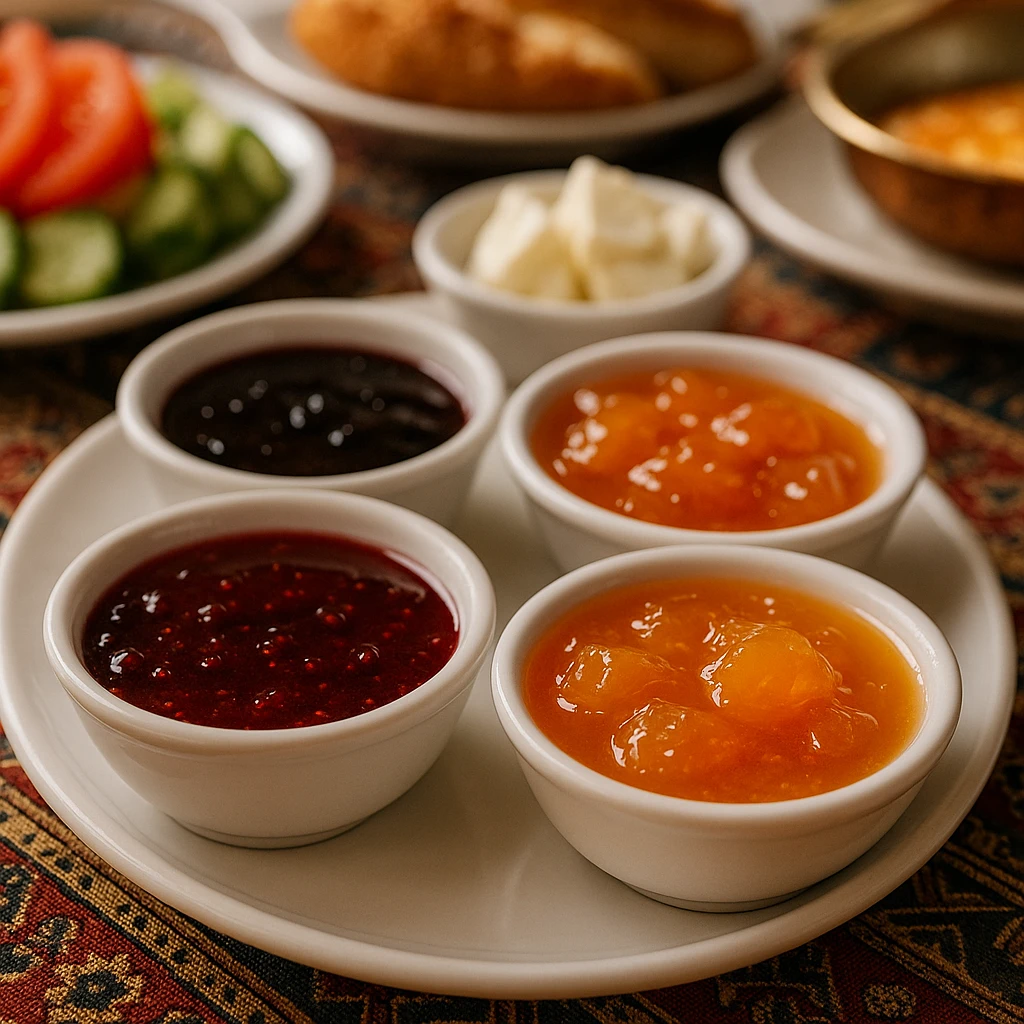 small bowls filled with colorful jams, a cheerful detail on a Turkish breakfast table emoji