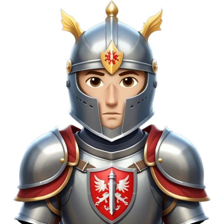 Clash of Clans aesthetic friendly Knight Portrait Emoji, With a noble, armored build featuring a gleaming suit adorned with simple heraldry and a determined gaze behind a visored helm, his face rendered in a natural skin tone (not yellow), Simplified yet dynamic features, highly detailed, glowing with a cool, steely radiance, high shine, courageous and resolute, stylized with an air of chivalric valor, focused and stalwart, soft glowing outline, capturing the essence of a valiant knight ready to charge into epic quests with honor! emoji