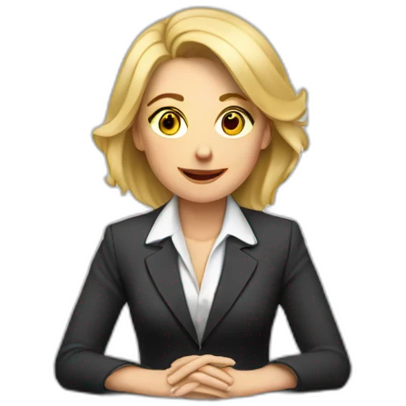 Blonde white woman wearing a suit sitting on the table telling the news towards the camera emoji
