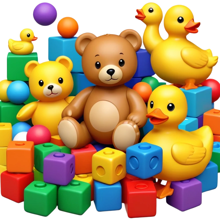 Colorful toys scattered together - teddy bear, rubber duck, toy blocks, ball, and action figures emoji