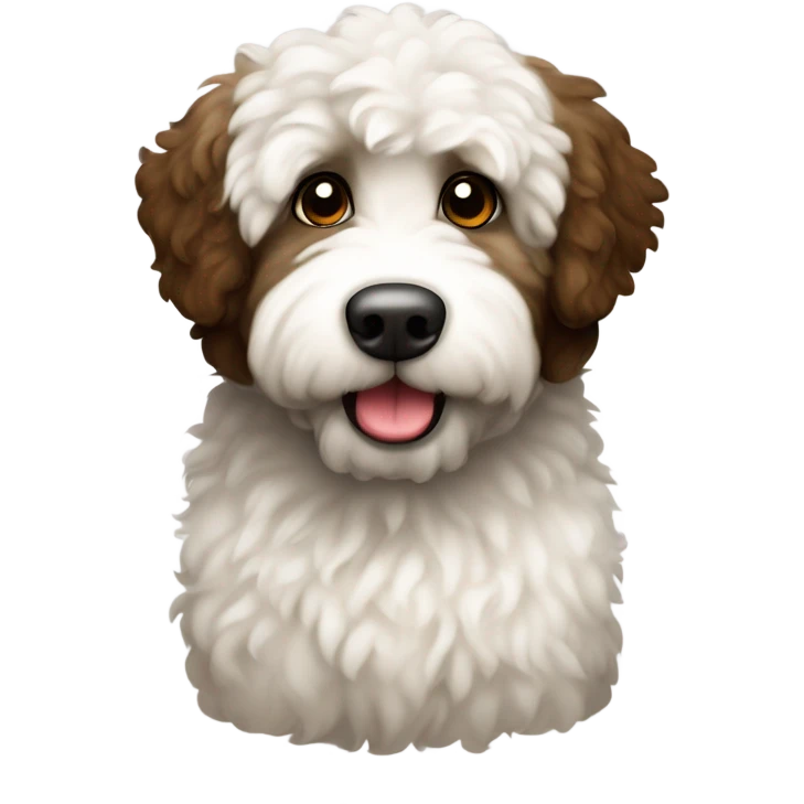 white and dark brown chubby labradoodle with white chest and brown eyes emoji