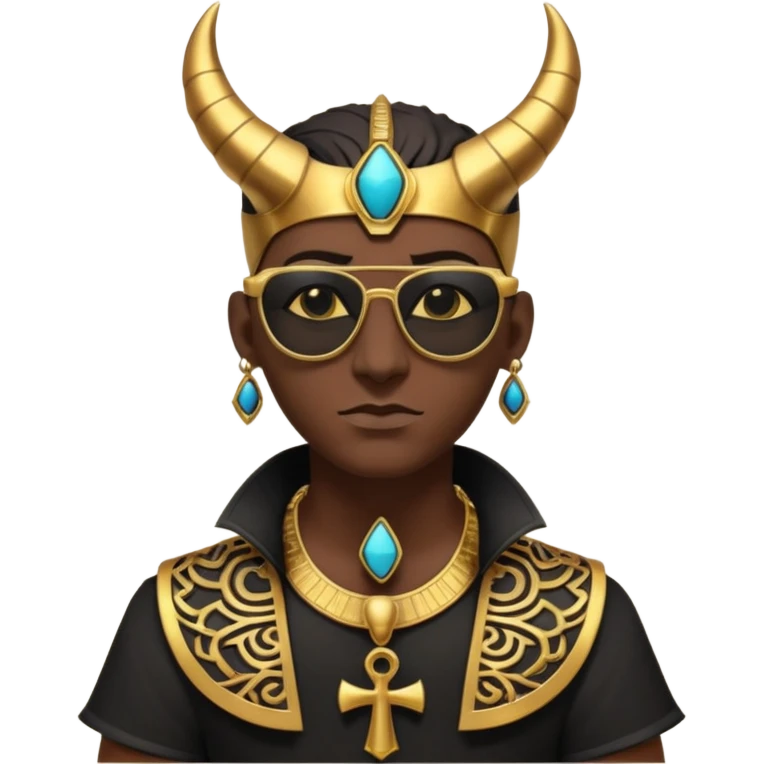 3D cartoon horned character portrait, wearing sunglasses, gothic ancient Egyptian style, pharaoh collar, dark gold and black outfit, ankh symbols, Egyptian jewelry, mysterious expression, soft dramatic lighting, centered, clean background, no text, no watermark emoji