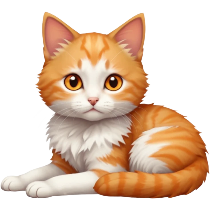 full body of very small + skinny ginger and white kitten with deep orange eyes and triangular shaped face lying down emoji