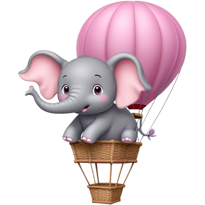 Pixar style, fluffy Little gray and pink elephant with big sparkling eyes sitting in a hot air balloon   emoji