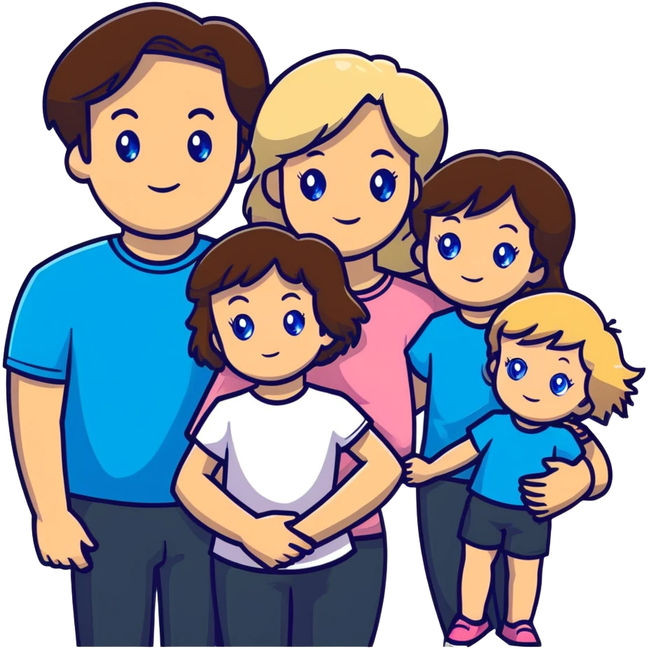 Family portrait with father with dark brown hair and blue eyes, mother with light brown hair and blue eyes, three blonde little girls with blue eyes emoji