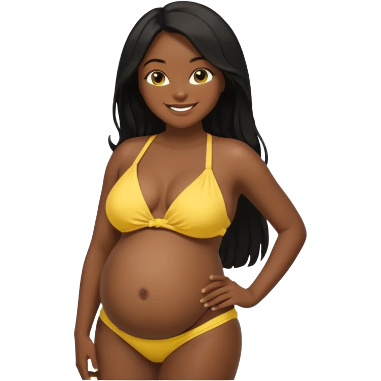 Dark skin african black girl long black hair, yellow bikini top, smiling, bare midriff, brown eyes, huge round pregnant belly, yellow bikini bottoms, side view emoji